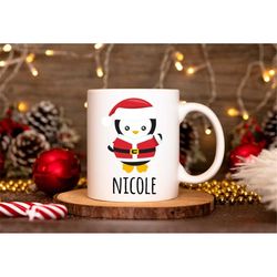 personalised penguin santa mug, funny christmas mug, funny santa mug, penguin mug, secret santa gift, penguin mug, kids