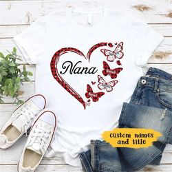 personalized grandchildren grandma shirt, heart plaid pattern shirt, custom kids name shirt, butterfly lovers shirt, gif