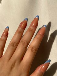 blue french tip heart press on nails/fake nails/luxury long nails