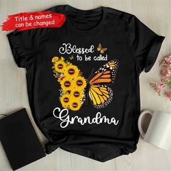 personalized grandchildren grandma shirt, butterfly sunflowers nana shirt, custom kids name shirt, gifts for nana gigi s