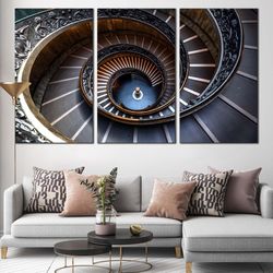 abstract architecture canvas wall art, vatican museum 3 piece multi canvas, abstract circular stairs triptych canvas