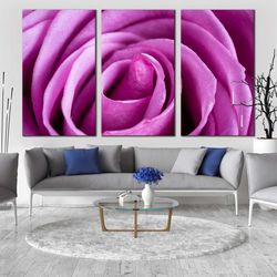 abstract flowers canvas wall art, purple rose multi canvas artwork, abstract rose close up 3 piece canvas print