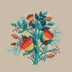 magic floral branch cross stitch pattern folk colorful primitive flowers pdf modern magic tree cross stitch chart