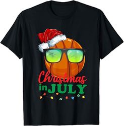 basketball christmas in july santa hat sunglasses summer t-shirt