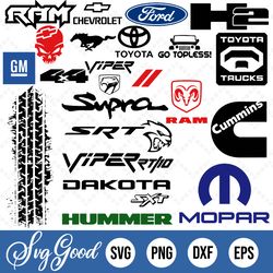 popular trucks and car brands. 29 svg, png for instant download for cricut/sihloutte. jeep, dodge, ford, chevy, hummer,