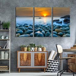 beautiful sunrise canvas print, vietnam orange ocean sky 3 piece canvas wall art, quy nhon bay stony beach canvas set
