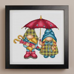 rainy gnomes cross stitch pattern pdf, fall gnomes, autumn cross stitch, gnomes with umbrella, fall cross stitch