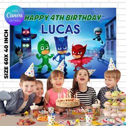 pj masks birthday backdrop template, pj masks birthday themed birthday banner editable digital instant download