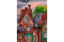 england painting small original watercolor graphic art cityscape artwork gallery wall art by rubinova