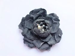 black denim flower brooch, denim flower brooch, denim jewelry, denim flower pin, denim fantasy brooch, rose denim brooch