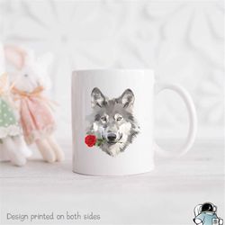 wolf mug, wolf holding rose, wolf coffee mug, wolf lover mug, wolf gifts, wolf flower gift, love wolves, animal lover gi