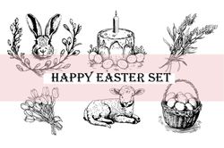 happy easter set, easter rabbit, basket with eggs, easter clipart, cute lamb, flowers