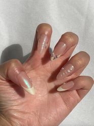 chrome sea shell jewelled pearl pink and cream french tip press on nails/fake nails/luxury long nails