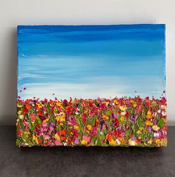 wildflowers field original oil painting on canvas texture 3d palette knife