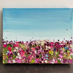 wildflowers field original oil painting on canvas texture 3d palette knife