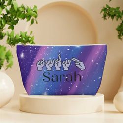 asl gift, asl cosmetic bag, sign language gifts, interpreter gifs, asl name, galaxy makeup bag