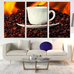 cup saucer canvas wall art, brown coffee beans 3 piece multi canvas, white coffee cup canvas print