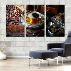 coffee scene canvas print, morning black coffee 3 piece canvas set, brown coffee beans canvas wall art