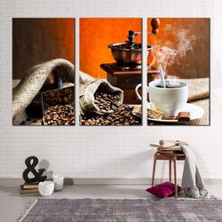 coffee sack canvas print, brown coffee grinder triptych multiple canvas, still life coffee 3 piece canvas wall art