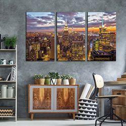 yellow grey sky cityscape 3 piece canvas, new york city skyline triptych canvas print, empire state building canvas set