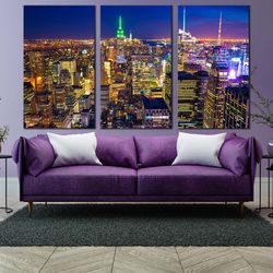 new york canvas wall art, blue sky cityscape 3 piece multi canvas, yellow manhattan skyline canvas print