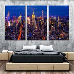 new york canvas wall art, yellow city lights midtown manhattan 3 piece canvas print, nyc at blue night triptych canvas