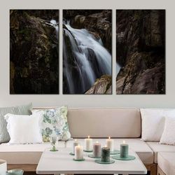 amazing white waterfall multi canvas artwork, beautiful brown mountain waterfall 3 piece canvas print