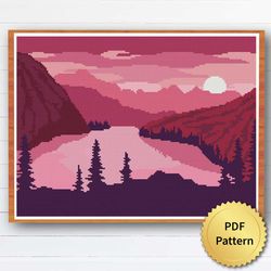 super easy pink sunrise cross stitch pattern. nature, landscape, minimalism, mountain boho patterns for beginners