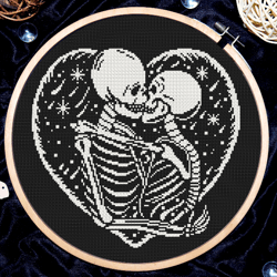 gothic cross stitch, skeleton couple in love in the heart, skeleton lovers cross stitch pattern, goth wedding cross stitch, digital pdf