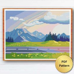 super easy mountain road cross stitch pattern. nature, landscape, minimalism, mountain boho patterns for beginners