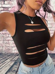 cut out slim tank top sexy crew neck sleeveless top women's clothing