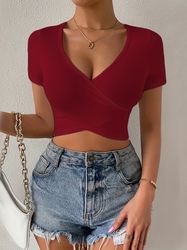 surplice neckline cropped top solid short sleeve t-shirt women's clothing