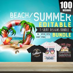 summer 100 editable t-shirt designs bundle