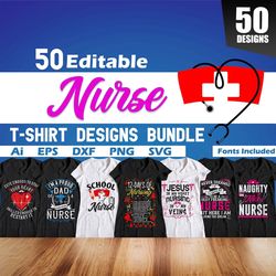 nurse 50 editable t-shirt designs bundle
