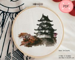 cross stitch pattern , japanese temple , pdf file , instant download , asian style,cherry blossom,asian landscape