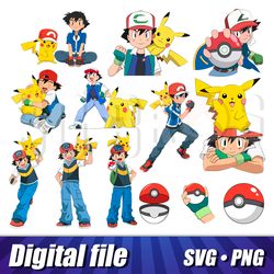 ash ketchum and pikachu svg and png bundle, cricut pokemon images, pokemon clipart pack, printable pikachu and ash image