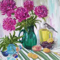 peony painting, floral still life, flowers and sparrow original oil painting on canvas