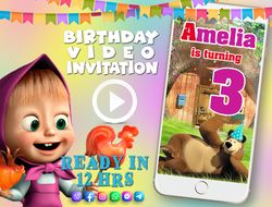 masha and the bear birthday video invitation for baby girl, animated kid's birthday party invite