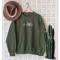 earth sign's symbols in heartbeat design on sweatshirt, taurus, capricorn, and virgo symbols sweatshirt, zodiac sign uni