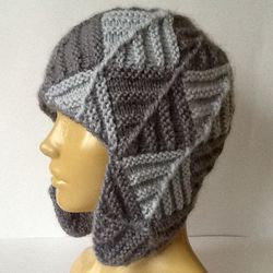 checkerboard hat patchwork hat ear flap hat hand knit