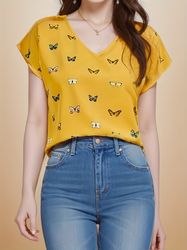 butterfly print top casual v neck short sleeve t-shirt for summer women's clothing