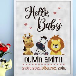 birth announcement cross stitch, baby announcement cross stitch, animals cross stitch, funny giraffe, lion and zebra, digital pdf