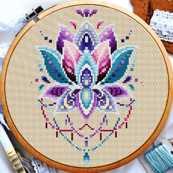 mandala flower lotus cross stitch, cross stitch pattern flowers, rainbow cross stitch, beginner cross stitching, digital download pdf