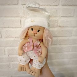 handmade doll. bunny doll. rabbit toy in christmas outfit. rag doll. soft toy. christmas gift. easter gift.