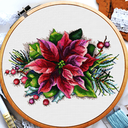 christmas poinsettia cross stitch pattern, winter flower bouquet cross stitch, christmas tree cross stitch, digital pdf