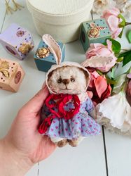 handmade teddy bear. teddy bear in a dress. teddy bear in a hat with ears. teddy bear artist. collectible toy.