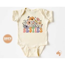 besties baby onesie - besties floral boho baby bodysuit - retro boho natural bodysuit 5732