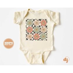 baby onesie - retro flowers bodysuit - cute baby retro natural onesie 5716