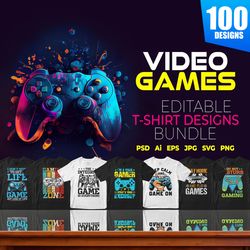 gaming 100 editable t-shirt designs bundle