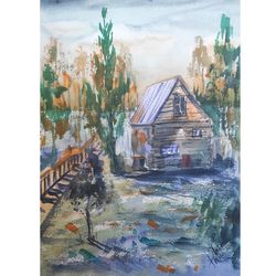 original watercolor painting. house in the forest